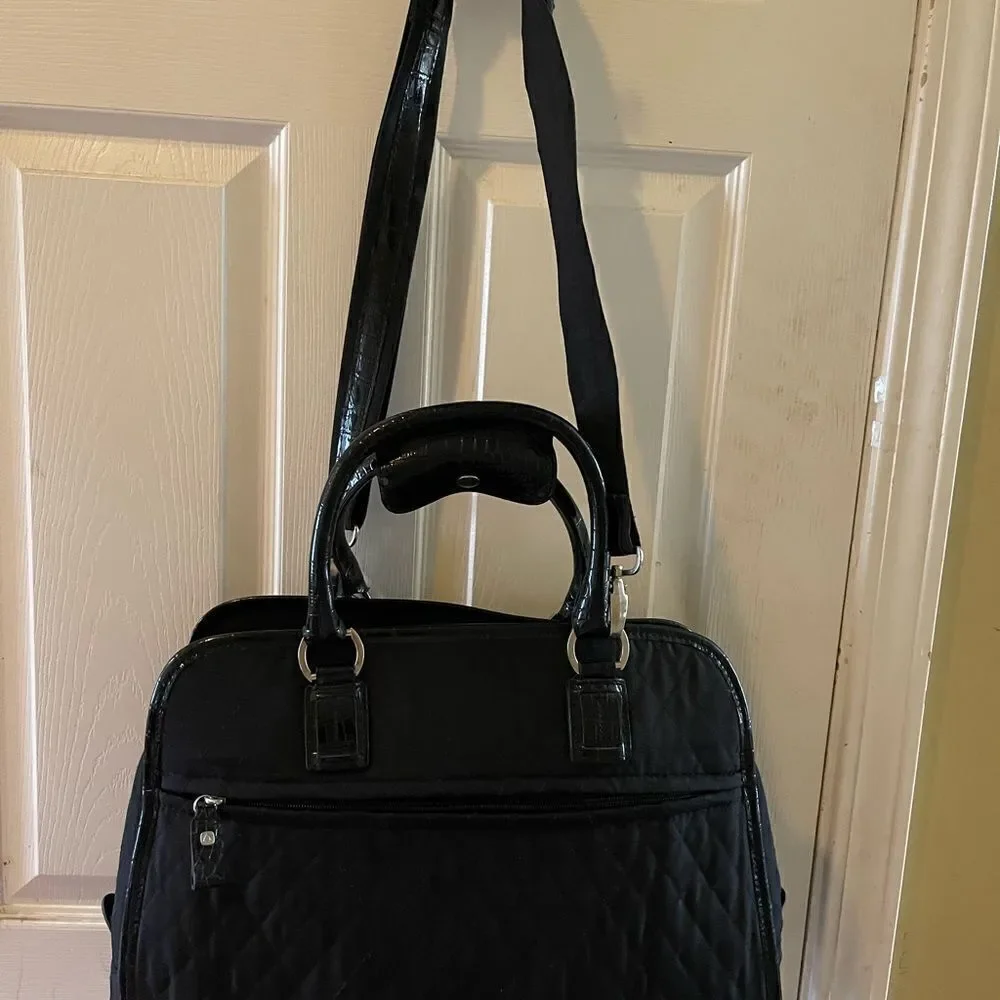 Liz Claiborne Black quilted fabric large laptop work bag silver tone hardwares